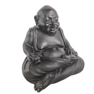 Vintage Laughing Happy Sitting Black Buddha Figurine Statue 3.25" Resin